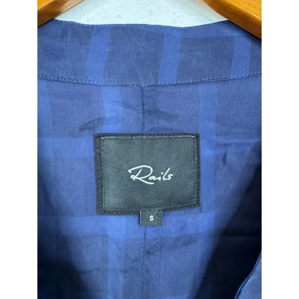 Rails Sloane Navy Tonal Plaid Cupro Tie Front Blouse V-Neck Long Sleeve Small